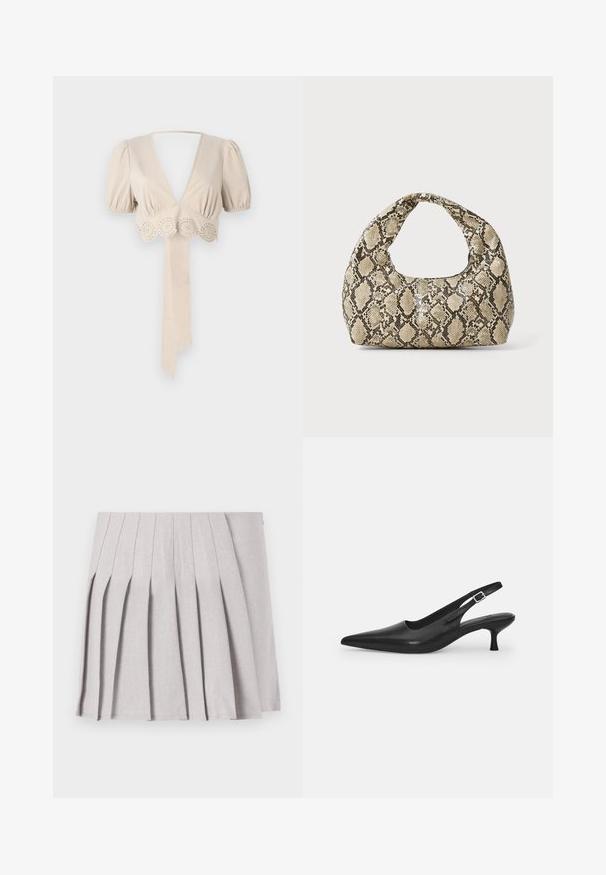 Beżowy krótki top z bufkami, głębokim dekoltem w kształcie litery V i ozdobnym wykończeniem z oczkami na dole. Posiada zawiązany pas z materiału. Gładka faktura.; Szara plisowana spódnica o gładkiej fakturze, z licznymi pionowymi fałdami i dopasowaną talią. Wykonana z lekkiego materiału.; Czarne skórzane buty typu slingback z wydłużonym noskiem i smukłym, zakrzywionym obcasem. Posiadają dyskretny regulowany pasek z metalową klamrą.; Torebka w wężowy wzór z zakrzywionym uchwytem. Wykonana z teksturowanych, beżowych i brązowych materiałów, z charakterystycznym wzorem w diamenty.