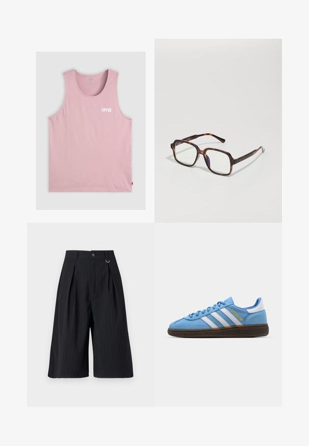 Top de alças rosa claro feito de algodão. Apresenta um decote arredondado, sem mangas, e um logótipo branco "LEVI's" no lado esquerdo do peito. Textura suave.; Calças curtas pretas com riscas, pregas, fecho de botão e um detalhe em anel de metal. Tecido suave com um corte ajustado e design até aos joelhos.; Sapatilhas de camurça azul-claro com riscas de couro branco, sola texturizada castanha e detalhe do logótipo em dourado. Design baixo com bico arredondado.; Óculos de sol em padrão tartaruga com armação quadrada, lentes transparentes e hastes delgadas com um discreto detalhe de logo. Acabamento mate e brilhante.