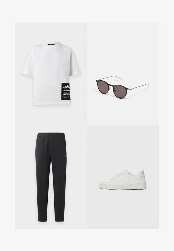 Witte katoenen T-shirt met een ronde hals, korte mouwen, en een zwart label met logo en tekst in de rechteronderhoek.; Zwarte joggingsbroek gemaakt van zachte stof, met een elastische tailleband, rechte pijpen en een klein logo detail aan de zijkant.; Witte leren sneaker met een gladde afwerking, ronde neus, platte veters en een gestructureerde zool. Kenmerkt zich door een subtiel logo op de hiel.; Zwarte ronde zonnebril met donkere lenzen en slanke metalen armen. Inclusief heldere tempelpunten en zilveren accenten bij de scharnier. Minimalistisch ontwerp.