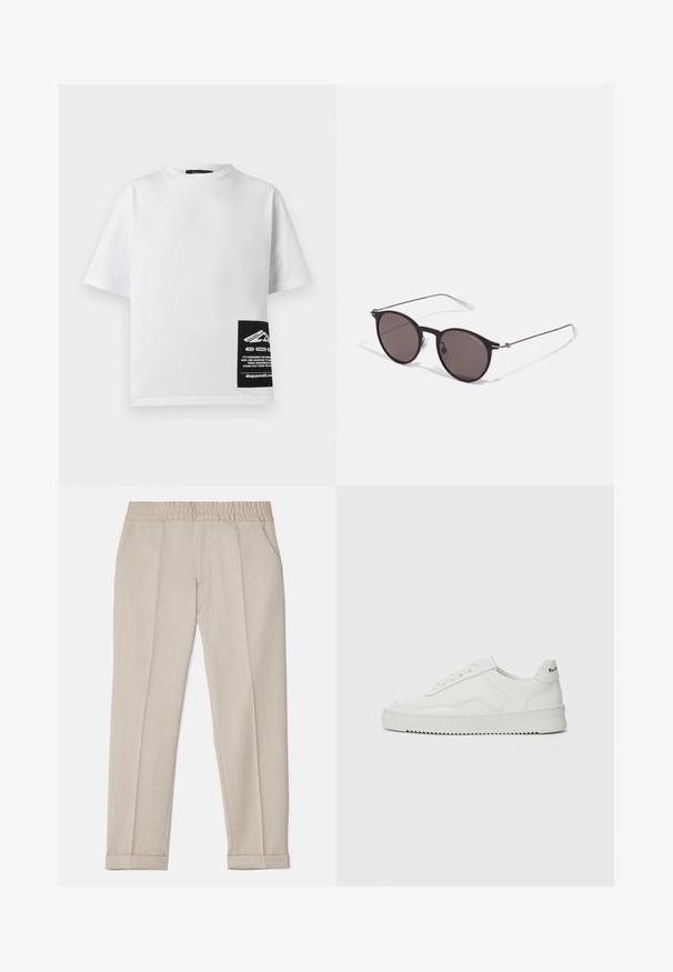 T-shirt en coton blanc à col rond, manches courtes, avec une étiquette noire portant un logo et du texte dans le coin inférieur droit.; Filippa K TERRY CROPPED TROUSERS - Pantalon classique - sage melange; Baskets en cuir blanc avec une finition lisse, bout arrondi, lacets plats et semelle texturée. Présente un logo discret sur le talon.; Lunettes de soleil noires rondes avec verres sombres et branches en métal fines. Comprend des embouts transparents et des accents argentés au niveau de la charnière. Design minimaliste.