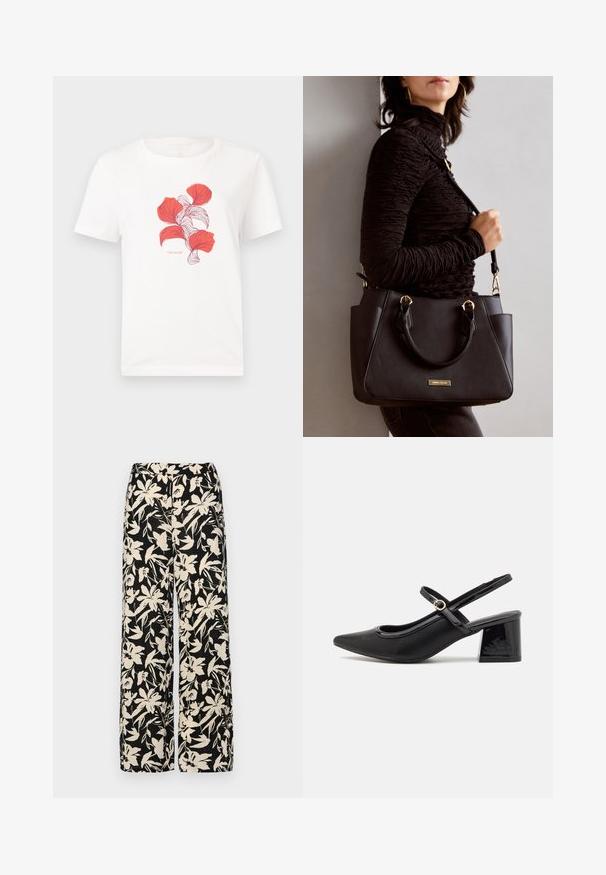 T-shirt in cotone bianco con una stampa di foglie rosse contornate da linee sottili. Include il testo "TOM TAILOR" sotto il grafico.; Pantaloni larghi neri con un motivo floreale crema. Realizzati in tessuto leggero, con una texture liscia e una vita alta.; Décolleté in vernice nera con cinturino dietro, punta affusolata, design con ritagli arrotondati e tacco a blocco. Presenta un accento di fibbia tono oro.; Borsa nera con superficie texturizzata, manici superiori doppi e tracolla regolabile. Dotata di hardware color oro e tasche laterali.