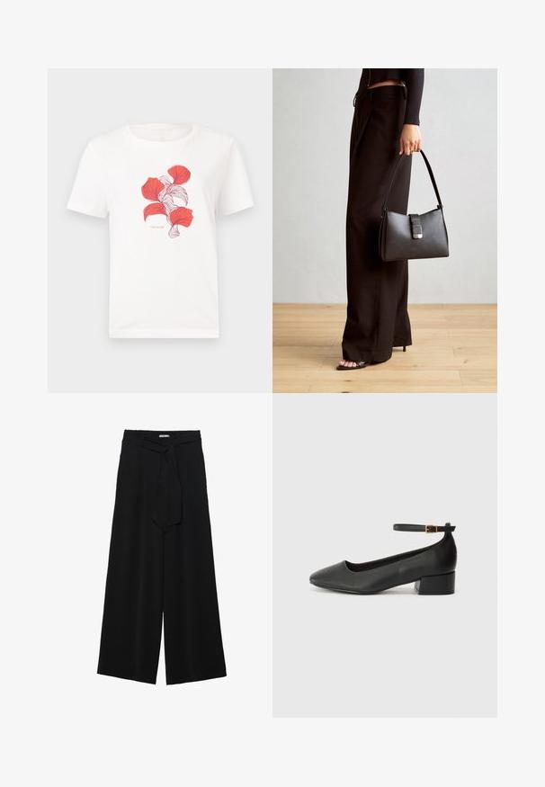 Bela bombažna majica s potiskom rdečih listov z drobnimi črtami. Vključuje napis "TOM TAILOR" pod grafiko.; Črne široke hlače iz teksturirane tkanine, z elastičnim pasom in odstranljivim trakom na pasu za prilagodljivo prileganje.; Črne usnjene pumpice z nazobčanimi prsti in nizko blokasto peto. Imajo trak okoli gležnja z zaponko v zlatem tonu. Gladka tekstura.; Črna torbica z strukturirano obliko, gladko teksturo in kovinskim zaponko. Ujemajo se z širokimi črnimi hlačami in odprtimi sandali na lesenem tleh.