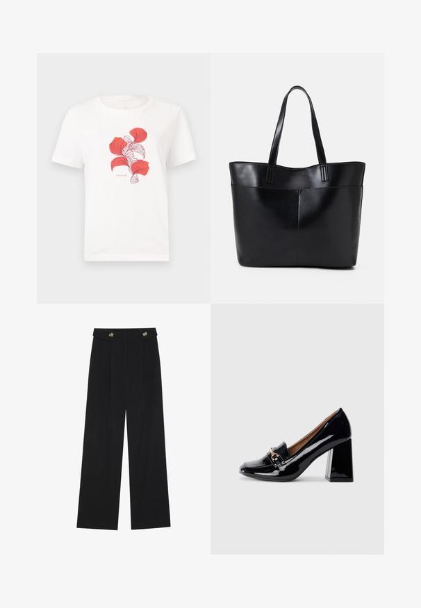 Fehér pamut póló, amelyen piros levelek finom vonalakkal nyomtatott mintája található. A grafikát alatta a "TOM TAILOR" felirat kíséri.; Fekete, bő szárú nadrág magas derékkal, gombos részletekkel a derékrészen és elülső pliszékkal.; Fekete lakkbőr magassarkú cipő hegyes orral és tömbsarkal. Díszes pánt és csatt részlet található a cipő elején.; Fekete bőr bevásárlótáska két hosszú fogantyúval, sima felülettel és strukturált formával. Elülső zseb található rajta a plusz tárolás érdekében.