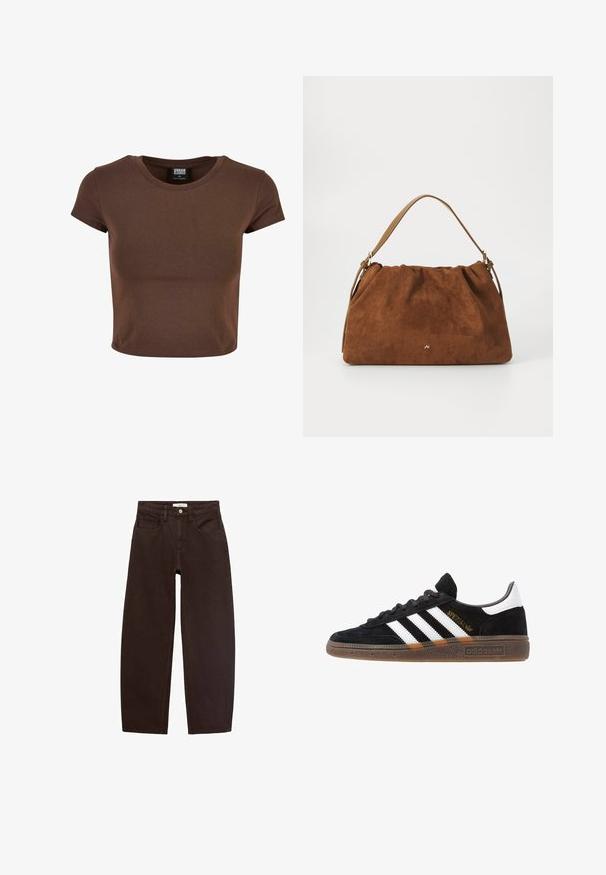 Rjav bombažni kratki top s kratkimi rokavi z okroglo izrezom. Ima oprijet kroj in gladko, elastično teksturo. Oznaka je vidna znotraj.; Rjave denim hlače z udobnim krojem, ki imajo pet žepov, zanke za pas in klasičen zadrgo. Gladka tekstura in ravna noga.; Črne Adidas superge z belimi črtami, zlatim napisom "Spezial", gumo podplatom in belim petnim delom, prikazane v stranskem pogledu.; Rjava nubukova torbica z nabranim dizajnom, ki ima en sam tanek usnjen ročaj in subtilno zlate podrobnosti s logotipom na sprednji strani.