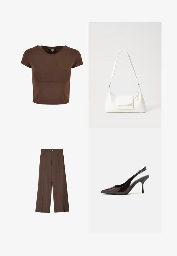 Bruine katoenen cropped top met korte mouwen en een ronde halslijn. Heeft een aansluitende pasvorm en een gladde, rekbare textuur. Label zichtbaar aan de binnenkant.; Bruine, wijde broek van gestructureerde stof, met een voorklep en een enkele knoopsluiting aan de tailleband.; Slingback hoge hak schoen in glanzend donkerbruin patentleer, puntige neus, open zijkanten en verstelbare enkelband.; Witte synthetische handtas met een driehoekige vorm, platte voorklep en strikdetail, verstelbare schouderriem, gladde textuur en minimalistisch ontwerp.