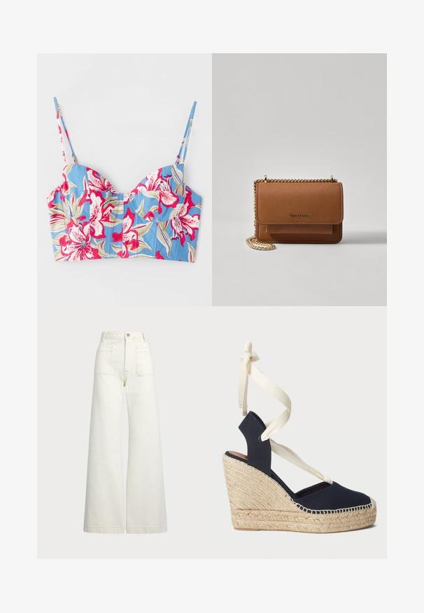 Blå blomstret crop top med store rosa og beige blomster, utformet med en hjerteformet halslinje og justerbare spaghetti-stropper.; Vidde bukser i off-white denim. Høyt liv-design med knappelukking, to frontlommer og kontrastsøm detaljer.; Marine blå lærret kile sandal med jute såle og kremfargede bånd rundt ankelen. Lukket hæl og rund tå-design.; Brun teksturert lær crossover-veske med gullkjede-stropp og klaffelukking. Fronten har logo-detalj og en lomme under klaffen.