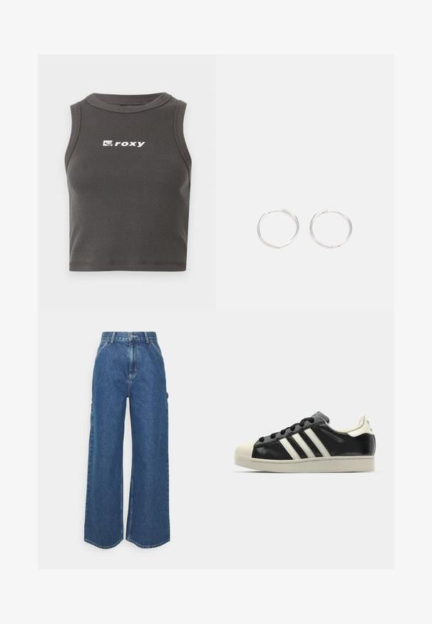 Top corto a coste grigio con scollatura rotonda e design senza maniche. Presenta il logo bianco "roxy" sul davanti.; Pantaloni in denim blu a gamba larga con vita alta, cuciture a contrasto e tasche laterali, caratterizzati da un classico design a cinque tasche e orli grezzi.; Sneaker in pelle nera con strisce bianche, punta in gomma, lacci neri e suola di colore crema. Texture liscia con finitura brillante.; Orecchini a cerchio in argento con un design rotondo e elegante, caratterizzati da una superficie liscia e senza decorazioni visibili. Diametro non specificato.