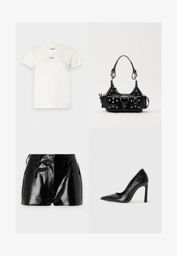 Balta kokvilnas T-kreklā ar īsām piedurknēm, noapaļotu kakla izgriezumu un taisnstūrveida melnu drukāšanas etiķeti priekšā, kas satur skaitļus un simbolus.; Melnas, spīdīgas šorti, izgatavoti no sintētiskā materiāla. Iezīmētais viduklis, jostas cilpas un priekšējās kabatas ar izteiktām šuvju detaļām.; Melni augstpapēžu apavi ar norādītu purngalu, ar krokodila ādas tekstūru, izceļoties ar elegantu dizainu, augstu stiletto papēdi un gludu melnu interjeru.; Melnas ādas rokturmais ar izliekumu, ar sudraba iedurtiem, sprādzi un divām sānu kabatām. Regulējams siksniņas garums dažādām nēsāšanas iespējām.