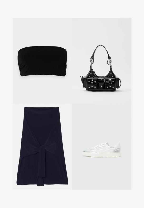 Top bandeau noir en tissu lisse, avec un design simple sans bretelles, un détail froncé sur un côté et une finition sans couture.; Jupe portefeuille bleu marine en tissu doux et extensible avec un design noué à l'avant, présentant une texture lisse et des bords ajustés.; Baskets blanches avec des accents argentés métalliques, texture lisse, bout rond, semelle plate et design classique à lacets.; Sac à main en cuir noir au design courbé, avec des clous en argent, une boucle et deux poches latérales. Bandoulière réglable pour différentes options de transport.