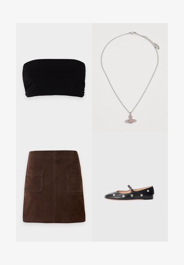 Black bandeau top made of smooth fabric, featuring a simple design without straps, gathered detail on one side, and a seamless finish.; Brown suede skirt featuring a classic A-line shape, two front pockets with rounded flaps, and subtle stitching details.; Black leather Mary Jane flat shoe with a rounded toe, featuring silver circular studs and an adjustable strap with a buckle.; Silver chain necklace featuring a pink, sparkly pendant shaped like a bow with a heart, secured with a lobster clasp.