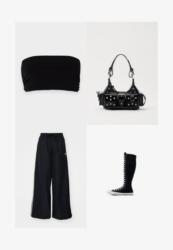 Mustat bandeau-topit, jotka on valmistettu sileästä kankaasta ja joissa on yksinkertainen muotoilu ilman olkaimia, rypytetty yksityiskohta yhdellä sivulla ja saumatonta viimeistelyä.; Mustat leveät housut, jotka on valmistettu kevyestä kankaasta. Varustettu joustavalla vyötärökaistalla, jossa on kiristysnauha, ja valkoisilla sivusuunnilla. Brändin logo lantiossa.; Musta korkeavartinen lenkkarit, joissa on korkea muotoilu, valmistettu kankaasta. Varustettu valkoisilla nauhoilla, ompeleilla ja kumipohjalla, jossa on varvaskuppi.; Musta nahkainen käsilaukku, jossa on kaareva muotoilu, hopeiset niitit, solki ja kaksi sivutaskua. Säädettävä olkahihna erilaisiin kantovaihtoehtoihin.