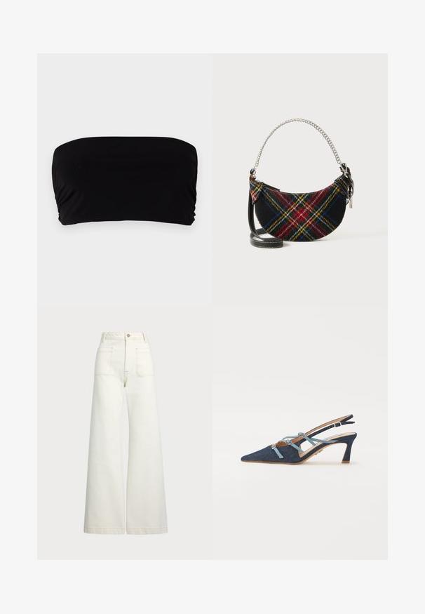 Černý bandeau top vyrobený z hladké tkaniny, s jednoduchým designem bez ramínek, s nařaseným detailem na jedné straně a bezešvým provedením.; Džíny s širokými nohavicemi v off-white denim. Vysoký pas s knoflíkovým zapínáním, dvě přední kapsy a detaily kontrastního šití.; Dámské denimové slingback boty, špičaté špičky, světle modré popruhy s mašlemi, středně vysoký podpatek, texturovaná látka, béžová stélka, minimální šití, elegantní design.; Kabelka s tartanovým vzorem vyrobená z vlněné směsi, v poloměsíčkovém tvaru, se stříbrným řetízkem a odnímatelným černým koženým popruhem.