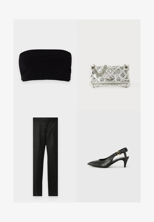 Juodas bandeau tipo viršus, pagamintas iš lygios medžiagos, su paprastu dizainu be petnešų, su raukiniu vienoje pusėje ir beplyšiu apdaila.; Juodos kelnės su lygiu audiniu, pritaikytu dizainu, tiesiomis kojomis ir plokščiu juosmeniu be matomų užsegimų ar kišenių.; Juodas odinis slingback kelnaitė su smailiu pirštu, mažu kulnu ir sagtimi ant kulkšnies dirželio. Lygus paviršius, minimalus dizainas.; Sidabrinė metalinė rankinė su grandinėlės rankena, iškaltu paviršiumi, dekoratyvine siuvimo siūle ir užtrauktuku. Priekyje turi iškilmingus akcentus.