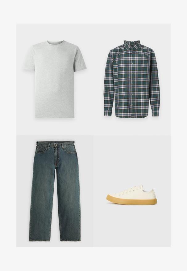 Ein einfarbiges, hellgraues T-Shirt mit kurzen Ärmeln und Rundhalsausschnitt, auf einem weißen Hintergrund, Frontansicht, ohne sichtbare Logos oder Designs.; Grünes Flanellhemd mit einem Karo-Muster, das blaue, weiße und senfgelbe Linien aufweist. Mit Knopfleiste und spitzem Kragen. Lange Ärmel.; Dunkelblaue gerade geschnittene Denim-Jeans mit einem Knopf- und Reißverschluss, Fronttaschen und Gürtelschlaufen auf einem hellgrauen Hintergrund.; Leinensneaker in Off-White mit runder Zehenpartie, ausgestattet mit beigen Gummisohlen und fünf Ösen für Schnürsenkel, mit strukturiertem Finish auf dem Obermaterial.