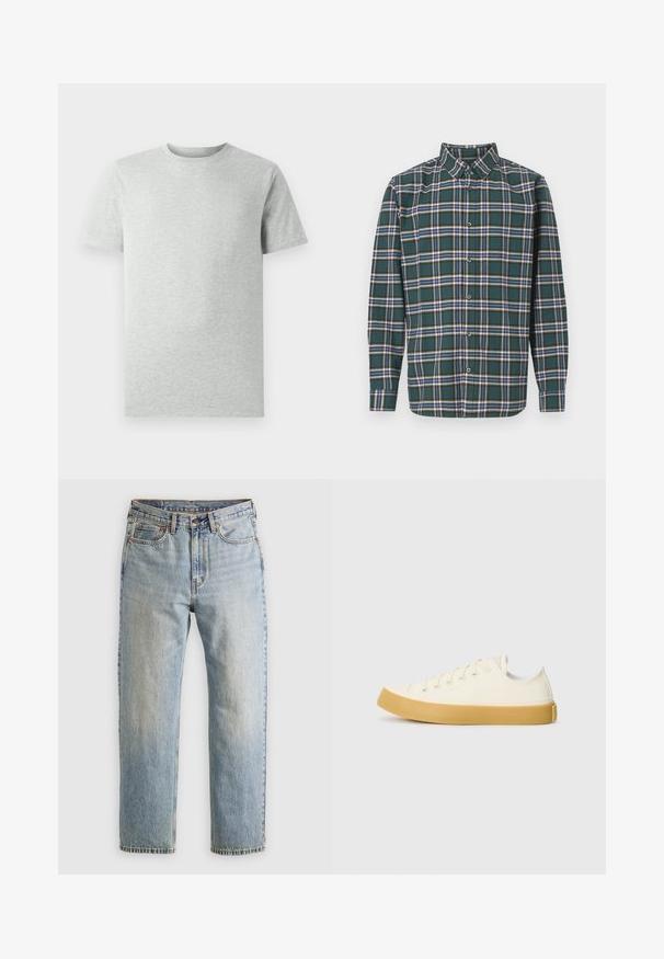 En simpel lys grå kortærmet T-shirt med rund hals, vist på en hvid baggrund, set foran uden synlige logoer eller designs.; Grøn flannelskjorte med et ternet mønster, der har blå, hvid og sennepsgul linjer. Knappet front og spids krave. Lange ærmer.; Lysblå denim jeans med høj talje, frontknap, lynlås og fem-lomme design, lagt fladt på en neutral baggrund.; Læder sneakers i off-white med rund tå, der har beige gummisåler og fem øjer til snørebånd, struktureret finish på overdelen.
