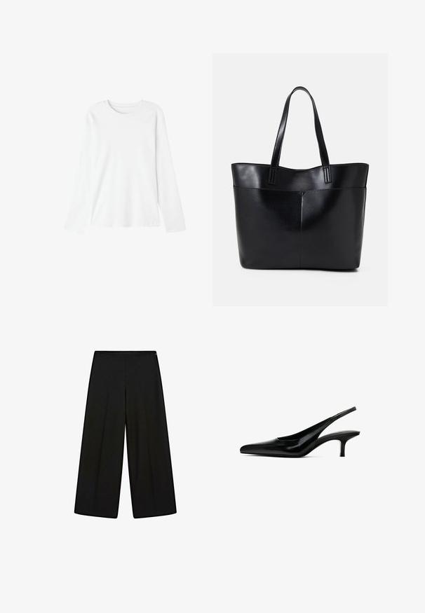 Langsleeve T-shirt van witte katoen. Ontwerp met ronde hals, zachte textuur en geen zichtbare patronen of graphics. Casual pasvorm met rechte snit.; Zwarte wijde pantalons van zachte stof, met een hoge taille en plooien, met een gladde textuur en zonder zichtbare versieringen.; Zwarte slingback schoen met puntige neus, afgewerkt in glanzend leer en met een dunne, lage hak. Bevat een uitsnede aan de zijkant voor ademend vermogen.; Zwarte leren tote bag met twee lange handvatten, een zachte textuur en een gestructureerde vorm. Voorzien van een voorvak voor extra opslagruimte.