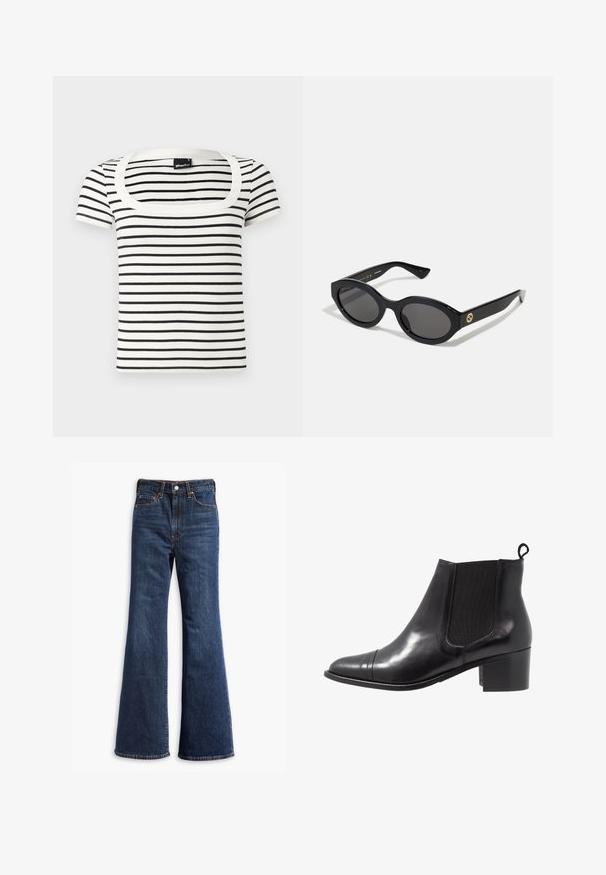 Črno-beli črtasta majica s kratkimi rokavi z širokim, okroglim izrezom in gladko, rebrasto teksturo. Tkanina se zdi mehka in prilegajoča.; Visoko pasovi temno modri kavbojki z razširjenimi nogami, sprednja zadrga in gumbe, ter zasnova s petimi žepi.; Črne usnjene gležnjače z elastičnimi stranskimi paneli, okroglo konico in teksturiranim blokastim peto. Imajo zanko za poteg na hrbtni strani za enostavno obuvanje.; Črne ovalne sončna očala s temnimi lečami in sijočim plastičnim okvirjem. Imajo zlat logo na robu, kar ponuja eleganten in sodoben oblikovalski pristop.