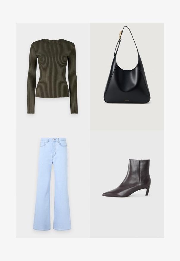 Olivovo zelený rebrovaný dlhý rukáv top s okrúhlym výstrihom, ktorý má priliehavý strih a jemnú vlnitú textúru po okrajoch.; Svetlomodré rozšírené džínsy s vysokým pásom, obsahujúce päť vreciek, zapínanie na gombík a hladkú denimovú textúru. Okraje sú precízne prešité.; Čierne kožené členkové topánky s špicatou špičkou a nízkym podpätkom, hladký povrch, bočný zips, zobrazené na neutrálnom pozadí.; Čierna kožená taška cez rameno s hladkou textúrou, zakrivenou siluetou a zlatými kovovými akcentmi. Vytlačené logo značky sa nachádza na spodnej časti.