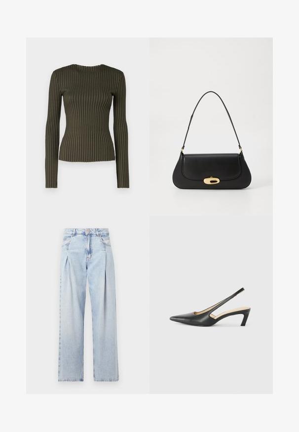 Olíva zöld bordázott, hosszú ujjú felső, kerek nyakkivágással, amely illeszkedő fazont és finom hullámtextúrát mutat az élein.; Világoskék farmernadrág magas derekú, bő szabású, két oldalsó zsebbel és pliszírozott dizájnnal. Puha tapintású, elhalványított felület.; Fekete, hegyes orrú, slingback cipő alacsony sarkával, sima bőrből készült, oldalt kivágott deisgnal a légáteresztőképesség érdekében.; Fekete bőr táska ívelt kialakítással, arany színű fémrészletekkel és felső fogantyúval. Csúszásmentes záródás és sima textúra jellemzi.