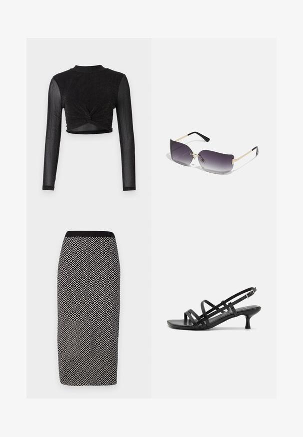 Zwarte langermige cropped top met een gedraaide voorkant, gemaakt van een glanzende, gestructureerde stof. Hoge halslijn en een aansluitend ontwerp.; Zwart-witte, gemêleerde pencilrok van een textuurstof, met een geribbelde tailleband en een geometrisch ontwerp overal.; Zwarte pumpsandalen met meerdere kruissluitingbandjes. Gladde stof, spitse neus en smalle hak. Verstelbare enkelband met gesp.; Zonnebril met grijze gradientlenzen, gouden metalen montuur en zwarte plastic accenten. Unieke vlinder-vormige lenzen met dunne pootjes.; Gouden metalen oorbel met een slank, gebogen ontwerp. Beschikt over een kenmerkende puntige vorm, gepolijste oppervlakte en scharnier sluiting.