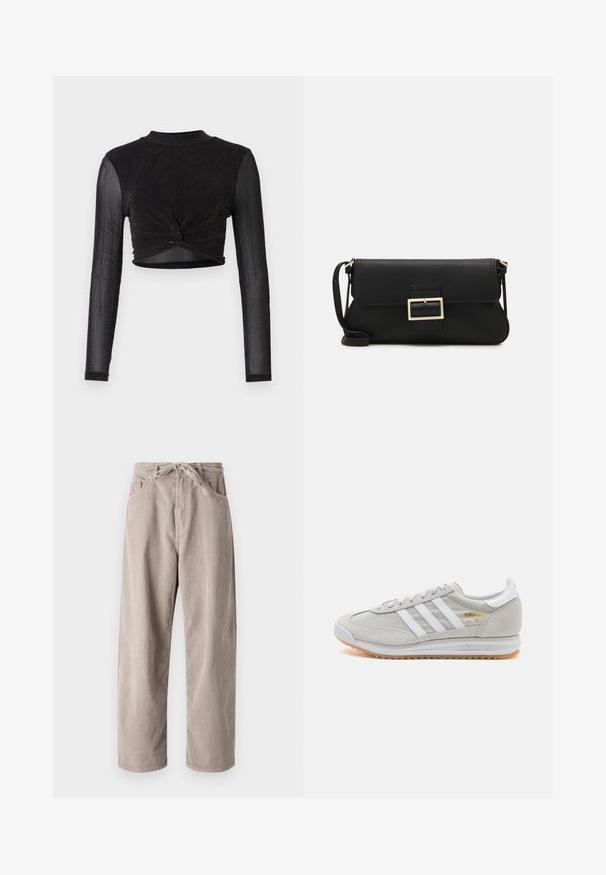 Svart langermet kort topp med vridd frontdetalj, laget av et skinnende, strukturert stoff. Høy hals og tettsittende design.; Beige kordfløyelsbukser med løs passform, med strikk i livet, to frontlommer og vertikal ribbet tekstur.; Lys grå sneaker laget av semsket skinn og mesh, med tre hvite striper, rund tå og såle av gummi. Gull logo-aksent nær snørebåndene.; Svart lær clutch-veske med klaff og detalj i gullmetall. Inkluderer en svart stropp og et strømlinjeformet, minimalistisk design.; Gullfarget metalløredobber med et elegant, buet design. Har en karakteristisk spiss form, polert overflate og hengsel-lukking.