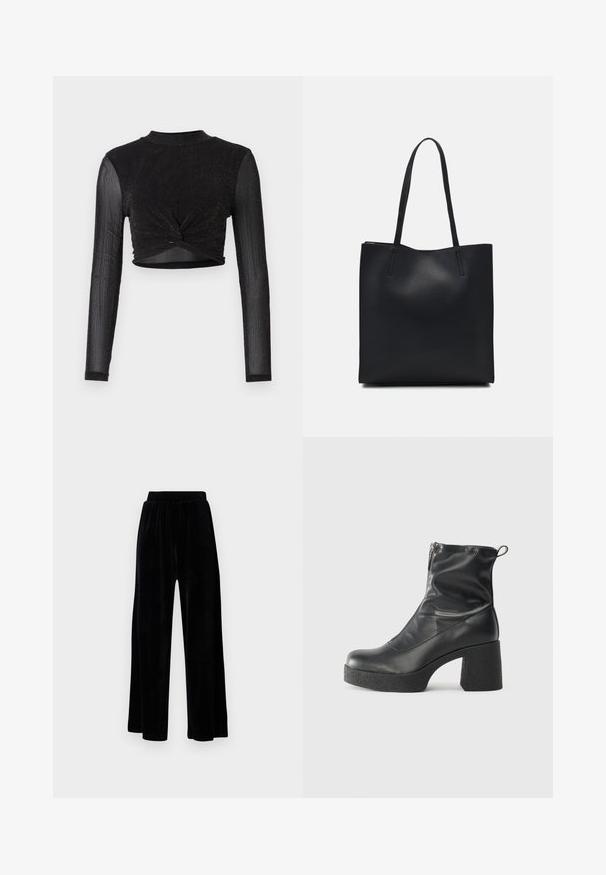 Schwarzes, langärmeliges, kurz geschnittenes Oberteil mit einem verdrehten Vorderteil, aus einem schimmernden, strukturierten Stoff. Hoher Kragen und taillierte Passform.; Schwarze weit geschnittene Hose aus weichem Samt, mit einem elastischen Bund und einer glatten Textur, ohne sichtbare Details oder Muster.; Schwarze Stiefeletten aus glattem Leder mit seitlichem Reißverschluss, klobigem strukturiertem Absatz und runder Zehenform.; Schwarze Laptoptasche aus Leder mit glatter Textur, rechteckiger Form und zwei langen Griffen. Keine sichtbaren Beschläge oder Verzierungen.