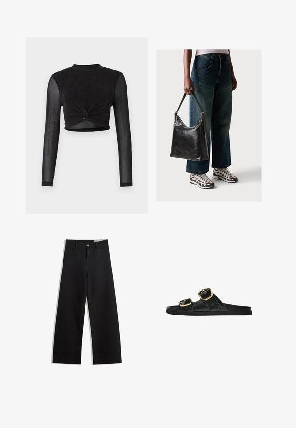 Czarny, długi rękaw, krótki top z detailami w formie skręcania z przodu, wykonany z lśniącego, teksturowanego materiału. Wysoki dekolt i dopasowany krój.; Czarne dżinsowe spodnie o szerokich nogawkach i wysokim stanie, z przednimi i tylnymi kieszeniami, przeszyciami oraz zapięciem na guziki. Gładka struktura.; Czarne klapki z dwoma złotymi klamrami, gładki materiał, płaska podeszwa i minimalistyczny design.; Czarna skórzana torba na ramię o gładkiej fakturze i regulowanym pasku, w zestawieniu z wyblakłymi dżinsami typu wide-leg i sportowymi butami.