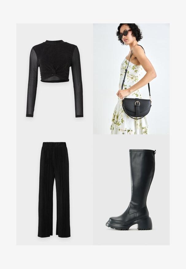 Black long-sleeve cropped top with a twisted front detail, made from a shimmery, textured fabric. High neckline and fitted design.; Black pleated trousers with an elastic waistband. Features wide legs and a smooth, textured fabric with vertical stripes.; Tall black leather boot with chunky platform sole and block heel, featuring pull tab and textured tread on outsole.; Black leather handbag with a curved shape, detachable strap, and gold hardware. The bag features a flap with a buckle detail.