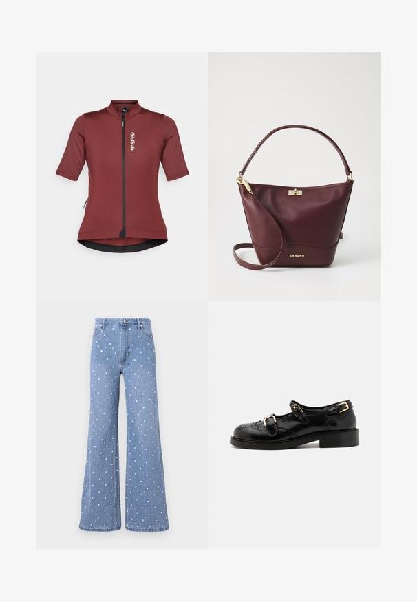 Trumpas rankovės dviratininko marškinėliai giliai bordo spalvos, turi priekį užtrauktuką, logotipo detalę ir prigludusį dizainą su išlenkta apačia.; Šviesiai mėlyni platūs džinsai su taškinėmis baltų ir sidabrinių nagų detalėmis, turintys standartinį juosmenį ir priekinį mygtuko užsegimą.; Juodi odiniai batai su brogučių detalėmis, turintys dvi sagtis, apvalų nosį ir žemą kulną. Lygus paviršius su blizgiu finišu.; Tamsiai raudonos odos rankinė su struktūrizuota forma, plokščiu pagrindu, apvalia rankena ir auksiniais aksesuarais, įskaitant užsegimą ir logotipo detalę.