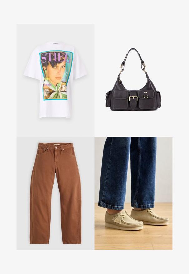 Hvid bomulds t-shirt med et stort grafisk print af et kvindeportræt og farverige tekst elementer i lilla og turkise nuancer.; Blå og hvid stribet skjorte med lange ærmer, knappet foran og hvid krave og manchetter. Har en lille lomme på venstre bryst.; Rustbrune straight-leg jeans med for- og baglommer, metalnitter, knaplukning og bæltestropper, lagt fladt på en hvid baggrund.; Beige ruskindssko med runde tåspidser og lav profil. Har snørebåndsdesign og syede detaljer. Båret med cropped blå jeans.; Mørk læderhåndtaske med to frontlommer, en central spænde og hardware i guldtoner. Glat tekstur med en buet silhuet.