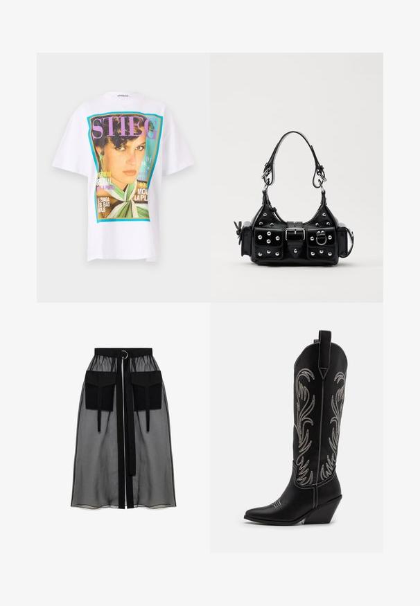 Hvid bomulds t-shirt med et stort grafisk print af et kvindeportræt og farverige tekst elementer i lilla og turkise nuancer.; Sort gennemsigtig nederdel med en rynket talje, der har to store forlommer, et taljebånd og en cirkulær metaldetalje.; Sorte læder cowboystøvler med spidse tæer, kilehæle og sølv broderede blomster mønstre langs skaftet. Kontrast syning overalt.; Sort læderhåndtaske med et buet design, prydet med sølvfarvede nitter, en spænde og to sidelommer. Justerbar rem til forskellige bære muligheder.