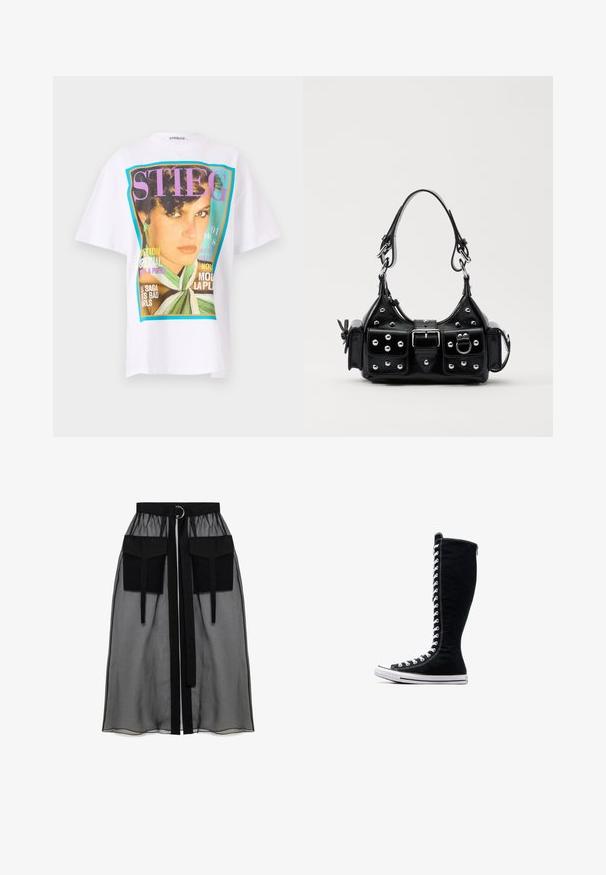 Camiseta blanca de algodón con una gran impresión gráfica que presenta el retrato de una mujer y elementos de texto coloridos en acentos morados y turquesas.; Falda negra transparente con una cinturilla fruncida, que presenta dos grandes bolsillos frontales, un lazo en la cintura y un acento metálico circular.; Zapatillas altas negras de lona con un diseño alto. Cuentan con cordones y costuras blancas, y una suela de goma con una puntera.; Bolso de mano de cuero negro con un diseño curvado, que cuenta con tachuelas plateadas, una hebilla y dos bolsillos laterales. Correa ajustable para opciones de transporte.