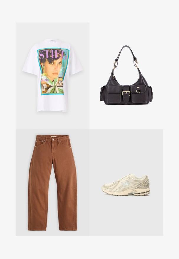 Hvid bomulds t-shirt med et stort grafisk print af et kvindeportræt og farverige tekst elementer i lilla og turkise nuancer.; Rustbrune straight-leg jeans med for- og baglommer, metalnitter, knaplukning og bæltestropper, lagt fladt på en hvid baggrund.; Beige atletiksko med mesh-overdel, minimale accenter, tekstureret sål og et subtilt 'N'-logo på siden. Letvægtsdesign for komfort.; Mørk læderhåndtaske med to frontlommer, en central spænde og hardware i guldtoner. Glat tekstur med en buet silhuet.