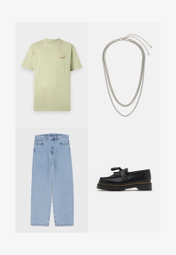 T-shirt de algodão verde claro com mangas curtas e decote redondo. Apresenta um pequeno logótipo em laranja e vermelho na parte superior esquerda do peito.; Jeans de denim azul claro com design de perna reta, apresentando uma cintura de altura média, cinco bolsos e um fecho de botão e zíper.; Mocassim de couro preto com um detalhe de franjas, apresentando uma sola preta robusta e costura amarela ao longo da borda. Acabamento texturizado.; Colar de metal prateado em três camadas, com correntes flexíveis e elegantes que possuem um leve brilho, fechado com um fecho de lagosta e corrente ajustável.
