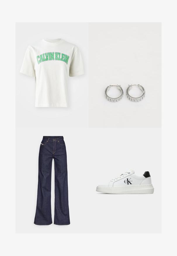 Weißes Baumwoll-Cropped-T-Shirt mit einem grünen und schwarzen "CALVIN KLEIN"-Logo in fettem, gewölbtem Text auf der Vorderseite. Kurze Ärmel.; Dunkelblaue weite Jeans aus Denimstoff mit hoher Taille, ausgestattet mit orangefarbenen Nähten, fünf Taschen und einem Knopfverschluss.; Weiße Low-Top-Sneaker mit schwarzem Fersenpatch, Plateau-Sohle, Schnürsenkeln und Calvin Klein "CK"-Logo an der Seite.; Silberne Creolen mit texturiertem Design und vertikalen Rillen. Kreisförmige Form mit sicherem Verschluss. Glatte Oberfläche.