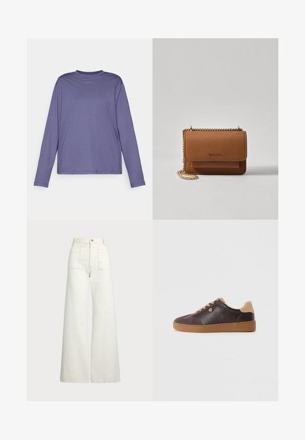 Camisola de manga longa roxa feita de um tecido suave, com um decote arredondado e um logotipo discreto no peito. Design simples, ajuste descontraído.; Jeans de perna larga em denim off-white. Design de cintura alta com fecho de botão, dois bolsos frontais e detalhes de costura em contraste.; Sapatilha em couro e camurça castanho escuro com atacadores e sola bege, detalhe em logo dourado e "Michael Kors" estampado na sola.; Bolsa crossbody de couro texturizado castanho com alça de corrente dourada e fecho com aba. A parte da frente apresenta detalhe do logótipo e um bolso sob a aba.