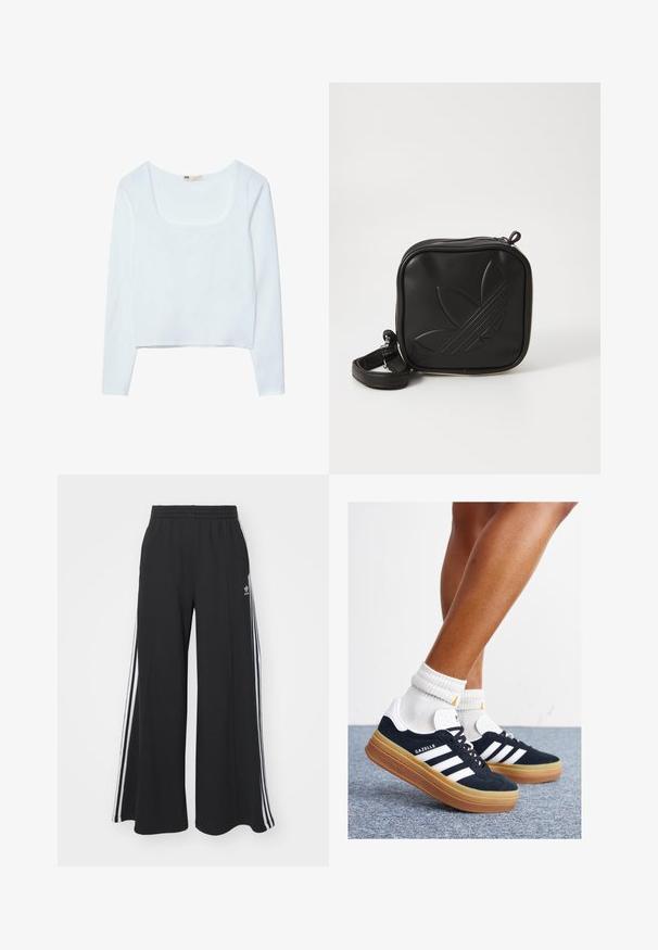 Hvid, langærmet, cropped top med firkantet halsudskæring og glat tekstureret stof. Ingen synlige mønstre eller hardwaredetaljer.; Sorte brede sweatpants med elastisk talje, med hvide sidelommer og et broderet logo på venstre lår.; Sorte sneakers i ruskind med hvide striber og detaljer, rundet tå, ydersål i gummi, kombineret med hvide ribstrikkede crew sokker.; Sort kvadratisk crossbody taske lavet af tekstureret syntetisk materiale. Har et prægede logo design og justerbar strop. Lynlåslukning.