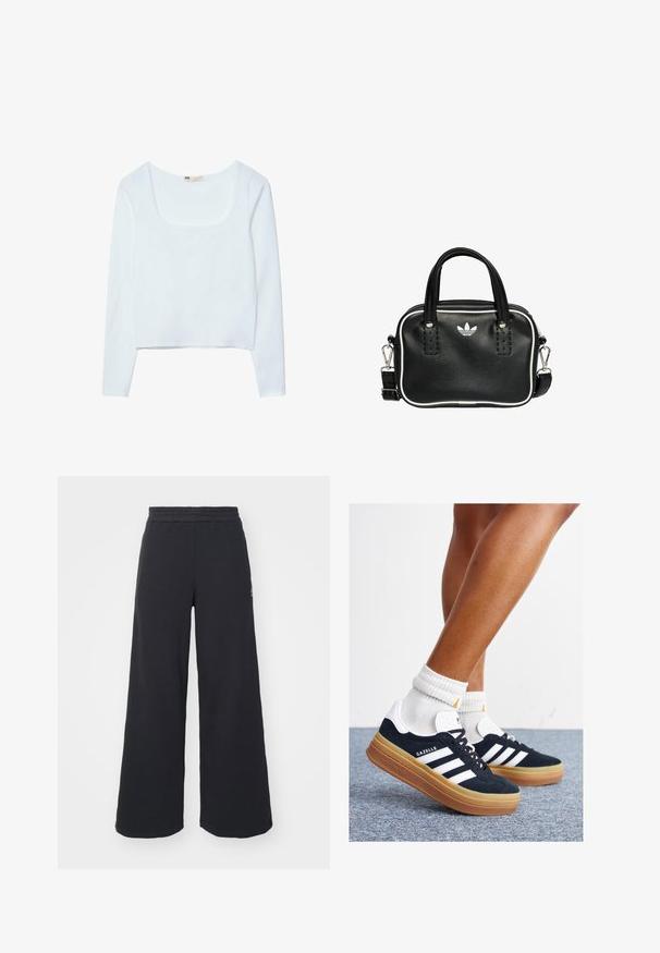 Weißes, langärmeliges, cropped Top mit quadratischem Ausschnitt und glattem, strukturiertem Stoff. Keine sichtbaren Muster oder Hardware-Details.; Schwarze weite Sweatpants aus weichem Material, mit einem elastischen Taillenbund und einem kleinen Logo auf der linken Seite.; Schwarze Wildledersneaker mit weißen Streifen und Akzenten, rundlicher Zehenbereich, Sohlen aus braunem Gummi, kombiniert mit weißen, gerippten Sneakersocken.; Schwarze Lederhandtasche mit zwei kurzen Griffen, silbernem Zubehör, weißen Akzenten und einem weißen Logo. Verfügt über eine strukturierte Oberfläche und ein kompaktes Design.