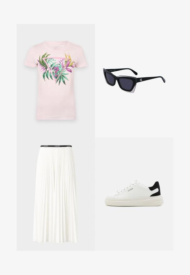 Maglietta in cotone rosa con una grafica triangolare che presenta fogliame verde e viola, testo al centro e accenti glitterati nel design.; Gonna bianca plissettata con elastico nero in vita che presenta il logo "LACOSTE". Design di lunghezza media con texture morbida.; Sneaker bianchi in pelle con suola spessa bianca, accento in suede nero sul tallone e logo impresso sul lato. Design con lacci e sei fori per i lacci.; Occhiali da sole oversize neri dalla forma geometrica, con lenti scure e un dettaglio grigio a contrasto sulla montatura. Logo sul braccio.