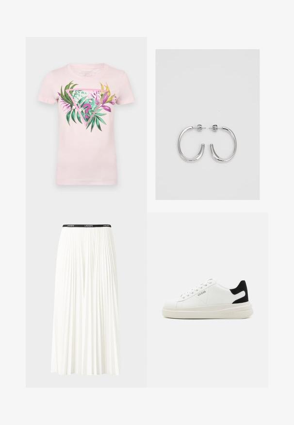 Lyserød bomulds T-shirt med et trekantet grafisk motiv med grønne og lilla blade, tekst i midten og glimmerdetaljer på designet.; Plisseret hvid nederdel med en sort elastisk talje, der har "LACOSTE"-logoet. Mellemlang design med blød tekstur.; Hvide lædersneakers med en tyk hvid sål, sort ruskindhælvægt og prægede logoer på siden. Snørebåndsdesign med seks øjer.; Sølv hoop øreringe med en glat, skinnende overflade. Rundet form, letvægtsdesign med post-back lukning.