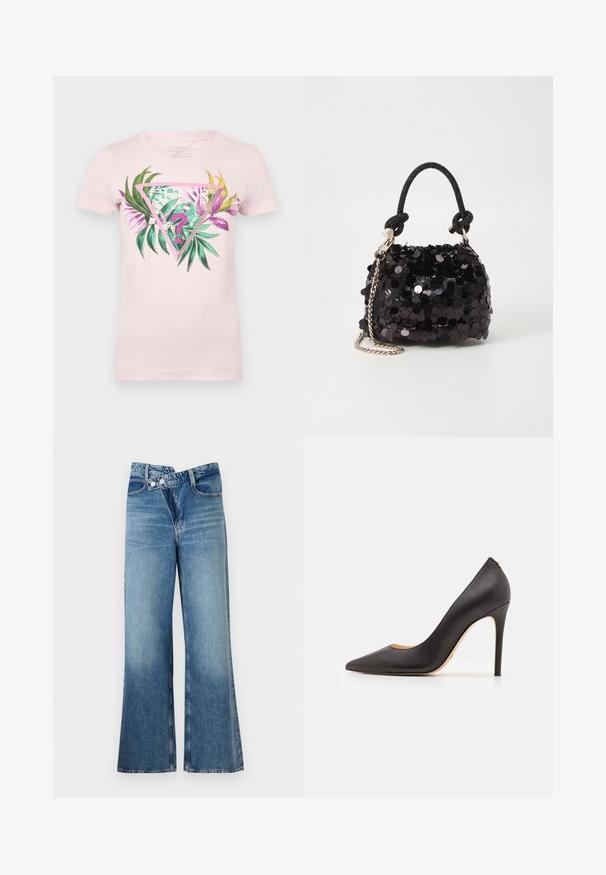 T-shirt en coton rose avec un graphique triangulaire comportant un feuillage vert et violet, du texte au centre et des accents pailletés sur le design.; Jean en denim bleu clair évasé à taille haute, doté de deux boutons et de poches avant. Le tissu a une texture décolorée avec des variations subtiles.; Pompe à talon haut en cuir noir avec un bout pointu et une texture lisse, présentant un talon élancé et un design minimaliste.; Mini sac à main en sequins noirs avec une bandoulière texturée nouée et une chaîne argentée. Forme arrondie avec un haut froncé et des détails réfléchissants.