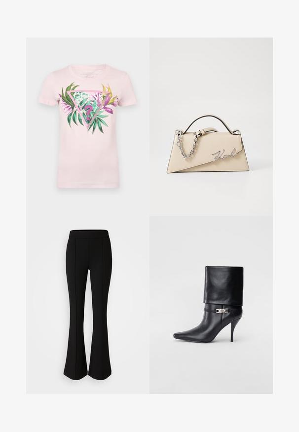 Maglietta in cotone rosa con una grafica triangolare che presenta fogliame verde e viola, testo al centro e accenti glitterati nel design.; Pantaloni neri a zampa d'elefante realizzati in un materiale elastico con una texture liscia, caratterizzati da dettagli delle cuciture lungo la parte anteriore per un tocco di design in più.; Stivale ankle in pelle nera con punta affusolata, alto tacco a stiletto, risvolto sulla caviglia e un elegante dettaglio in oro con fibbia decorativa.; Borsa a mano in pelle beige con una forma triangolare strutturata, dotata di un manico in catena argentata e di un logo in metallo scritto in corsivo.
