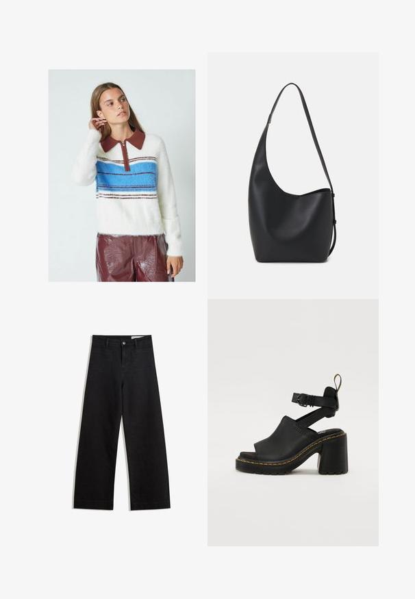 Bársonyos fehér pulóver barna gallérral, cipzárral és kék vízszintes csíkos mintázattal, fényes bordó nadrággal párosítva.; Fekete, bő szabású farmernadrág magas derékkal, elülső és hátsó zsebekkel, varrott felületekkel és gombos záródással. Sima textúra.; Fekete, nyitott orrú, magas sarkú szandál, állítható bokapánttal, sima bőrből készült felső résszel és texturált gumi talppal, sárga varrással kiemelve.; Fekete bőr hobo táska sima textúrával, ívelt formával és egyetlen állítható pánttal; széles nyílás található a tetején.