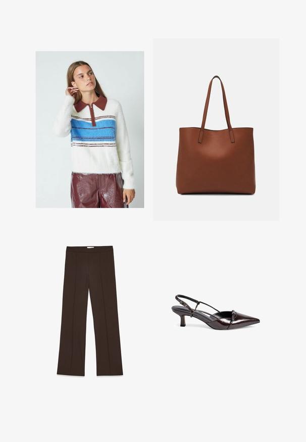Purus baltas megztinis su rudomis apykaklėmis, užtrauktuku, ir mėlynomis horizontaliomis juostelėmis, derinamas su blizgiomis burgundinėmis kelnėmis.; Rudos, plačios kojos kelnės, pagamintos iš lygios medžiagos; turi priekinę raukšlę ir standartinį juosmenį. Minimalistinis dizainas be matomų užtrauktukų.; Rudi laku od patentu slingback kulni bateliai su smailiu nosiu, mažu blokuoto kulno, kryžminio dirželio dizainu ir dekoratyvine kaspino detale priekyje.; Ruda odinė priekabų krepšys su glotnia tekstūra, atviru viršumi ir dviem petnešomis. Su minimalia siuvimo detalėmis ir nematoma aparatūra.