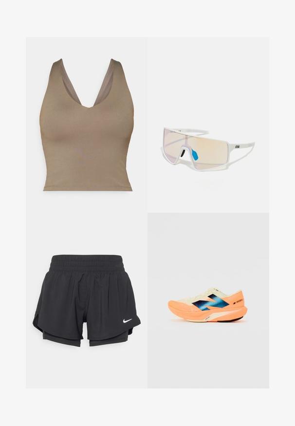 Brun, ærmeløs top med dyb V-hals. Glat tekstur og tætsiddende pasform, med brede skulderstropper og lige kant.; Sorte sportsbukser med elastisk talje, indvendig foring og sideskår. Har et hvidt Nike-logo på venstre front.; Løbesko med en let cremelæder overdel, blå branding og orange detaljer på sålen. Mesh-struktur for åndbarhed.; Hvide ramme-solbriller med store, gradienslinser, der har en pink til lys orange tone, fremhævet af et blåt næsestykke og logo detajer.