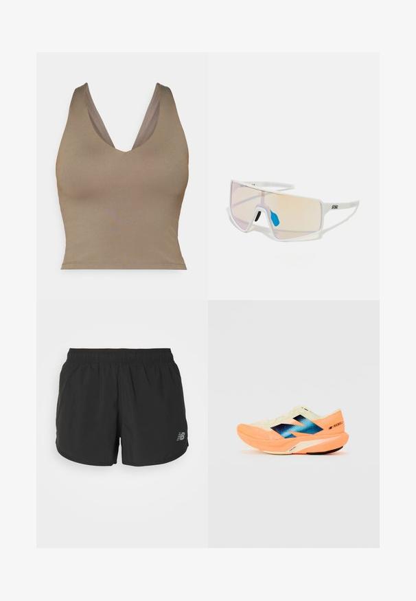 Brown, sleeveless top with a deep V-neck. Smooth texture and fitted shape, featuring wide shoulder straps and a straight hem.; Black athletic shorts with an elastic waistband, made of lightweight fabric. Features a small gray logo on the lower right side.; Running shoe with a lightweight cream upper, blue branding, and orange accents on the sole. Mesh texture for breathability.; White-framed sunglasses with large, gradient lenses featuring a pink to light orange tint, accentuated by a blue nose piece and logo detail.