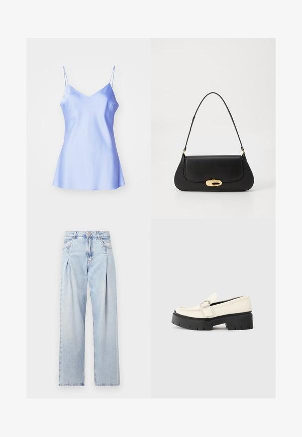 Gaiši zils satīna topiņš ar plānām regulējamām siksnām, V veida dekoltē un plūstošu siluetu, kas maigi paplašinās pie apakšmalas.; Gaiši zilas džinsu bikses ar augstu jostasvietu, plats kāju griezumu, divām sānu kabatām un krokotā dizaina akcentiem. Mīksta tekstūra ar izdilušu apdari.; Baltā ādas loafera ar masīvu melnu platformu, ar taisnstūra sudraba sprādzi un redzamām šuvām augšējā daļā.; Melna ādas rokassoma ar izliekta dizaina elementiem, zelta krāsas detaļām un augšējo rokturi. Iezīmējas ar elegantu aizdari un gludu faktūru.