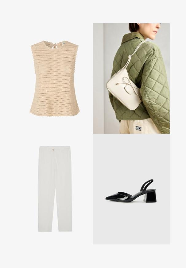 Béžový pletený top s textúrovaným, otvoreným tkaním. Má volánkový výstrih, viazanie na chrbte a krátke rukávy.; Biele, priliehavé nohavice s rovnými nohavicami, so zapínaním na gombík, pútkami na opasok a bočnými vreckami; hladká textúra látky.; Čierne lakované kožené sandálové podpätky s špicatou špičkou a geometrickým blokovým podpätkom. Disponujú elegantným, minimalistickým dizajnom a hladkým povrchom.; Bežová kožená crossbody taška s detailom mašle, zlatým kovaním a jedným nastaviteľným popruhom, nosená cez zelenú prešívanú bundu.