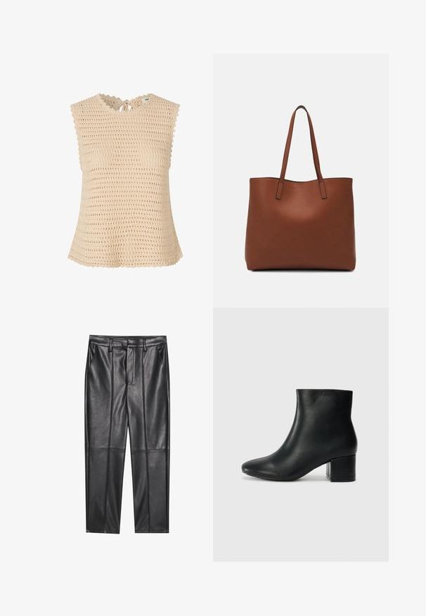 Beige knit top with a textured, open weave. Features a scalloped neckline, ties at the back, and cap sleeves.; Black leather trousers with a smooth texture, featuring a straight fit, two front pockets, and visible seam detailing.; Black leather ankle boots with a pointed toe and a chunky heel. Smooth texture with minimal accents and a sleek, fitted design.; Brown leather tote bag with a smooth texture, open top design, and two shoulder straps. Features minimal stitching and no visible hardware.