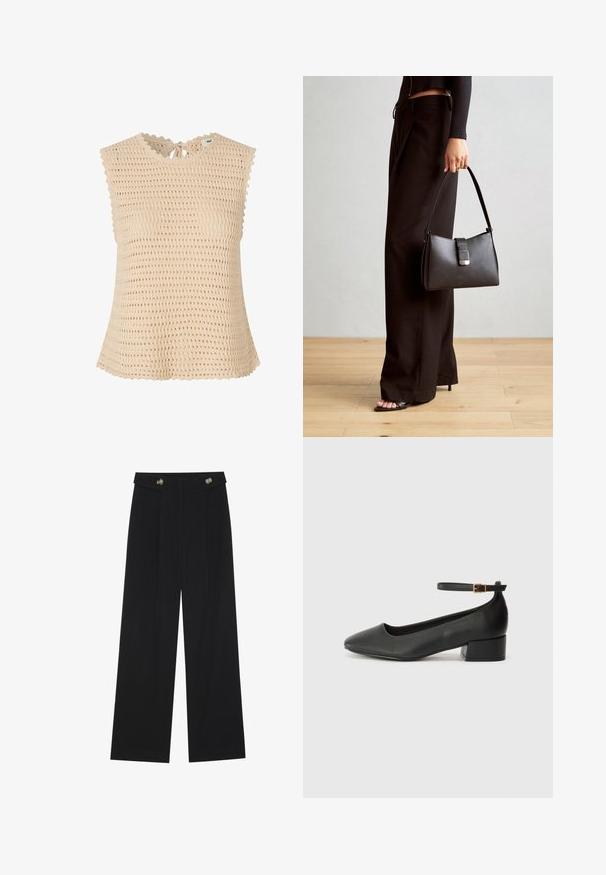 Beżowy sweter wykonany z dzianiny o teksturowanym, otwartym splotem. Posiada falbaniasty dekolt, zawiązania z tyłu oraz krótkie rękawy.; Czarne szerokie spodnie z wysokim stanem, z detalami w postaci guzików na pasku oraz plisami z przodu.; Czarne skórzane szpilki z ostrym noskiem i niskim słupkowym obcasem. Wyposażone w pasek na kostkę z złotym zapięciem. Gładka tekstura.; Czarna torebka o usztywnionym kształcie, gładkiej fakturze i metalowym zapięciem. Połączona z szerokimi czarnymi spodniami i sandałami na otwartym palcu na drewnianej podłodze.